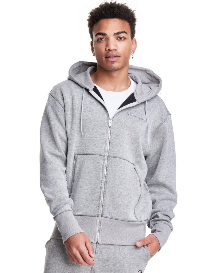 Champion Mens Hoodie NZ - Tech Weave Full Zip Script Logo Grey ( 3427-CPODJ )